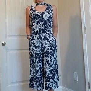 Blue and white floral jumpsuit
